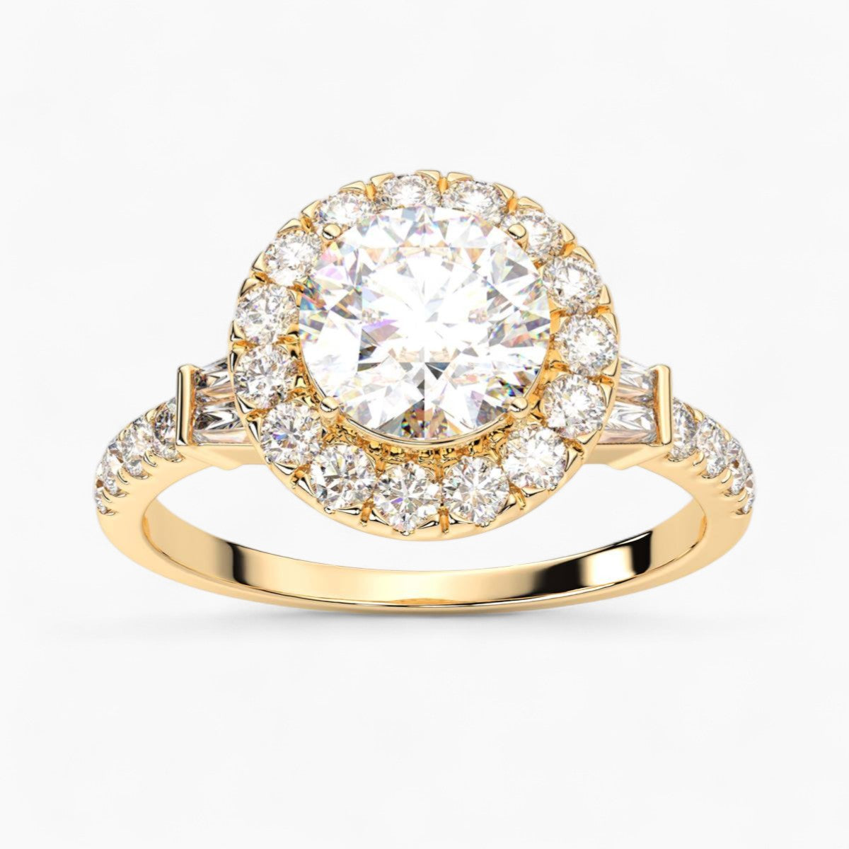 Round Cut with Double baguette side Accents Diamond Engagement Ring