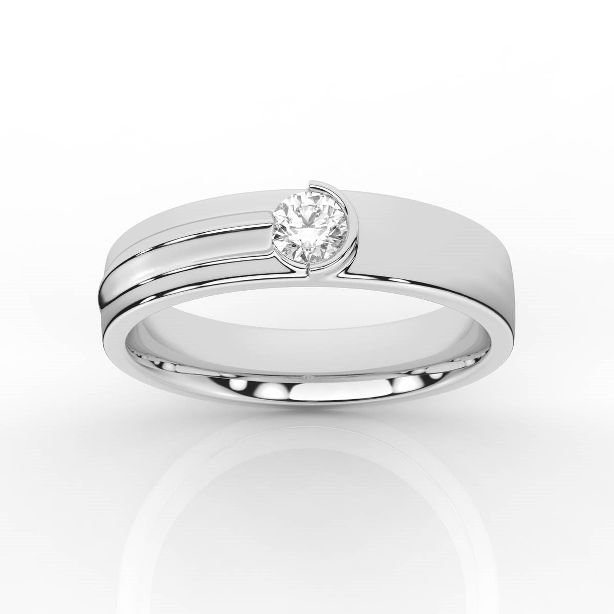 Half Bezel Round Solitaire Diamond Mens Band with High Polish