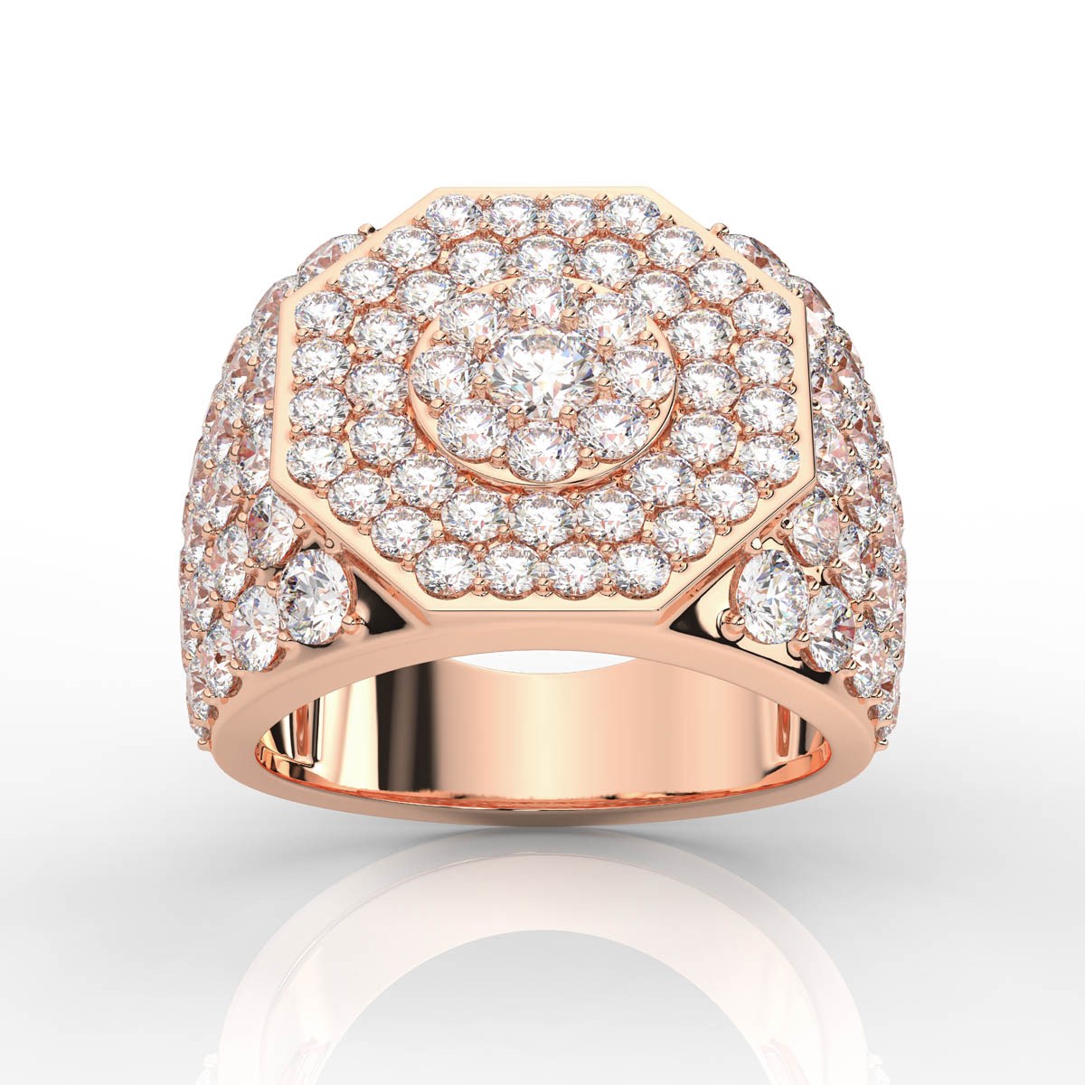 Wide Marvelous Halo Style Round Cut Prong Set Diamond Mens Band with Milgrain Borders