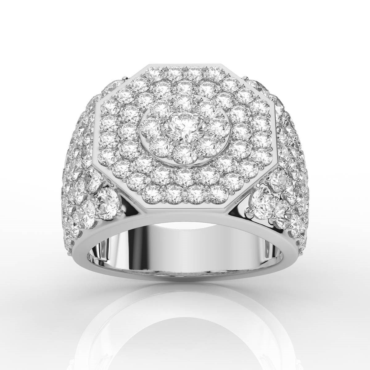 Wide Marvelous Halo Style Round Cut Prong Set Diamond Mens Band with Milgrain Borders