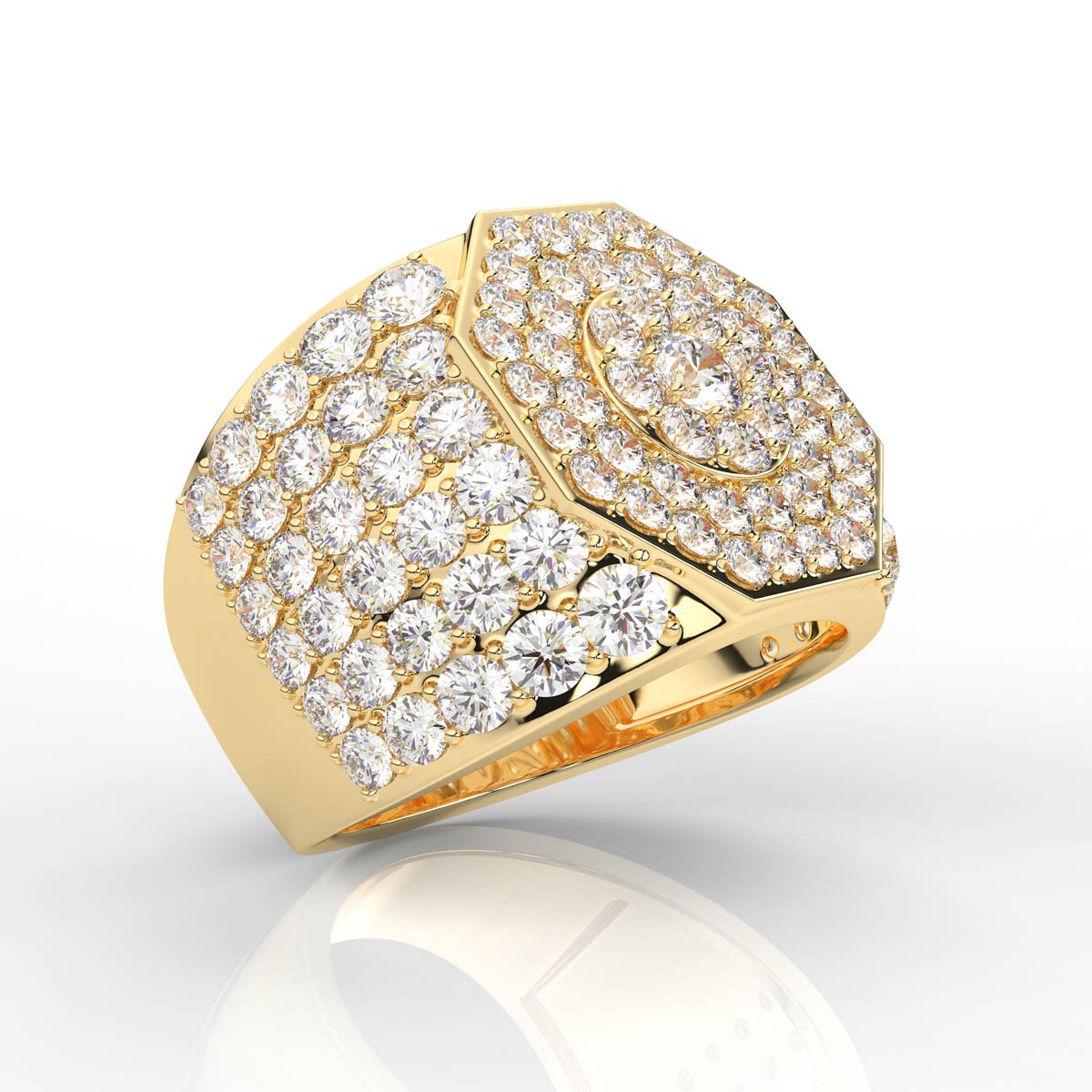 Wide Marvelous Halo Style Round Cut Prong Set Diamond Mens Band with Milgrain Borders