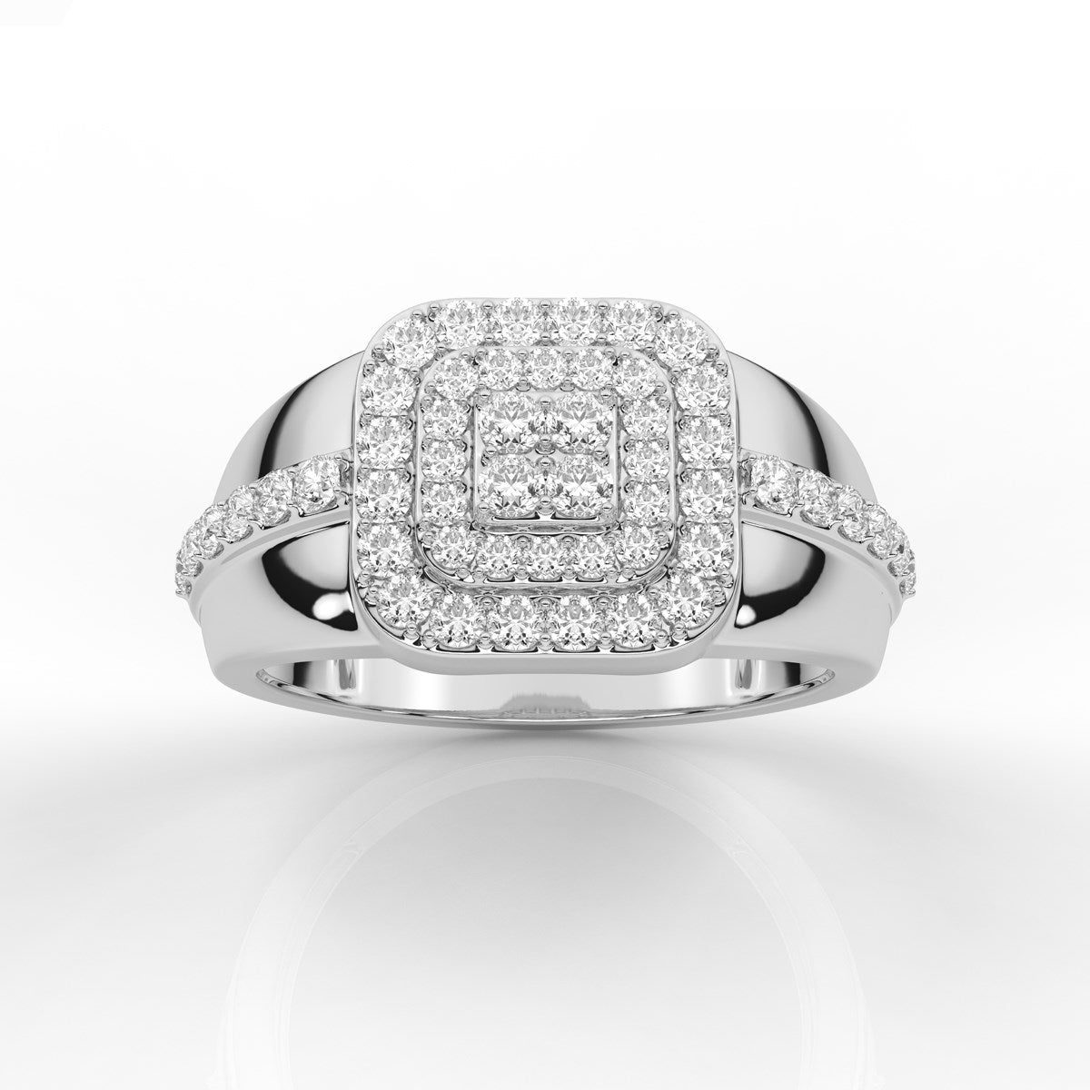 Double Halo Style Round Cut Prong Set Diamond Mens Band