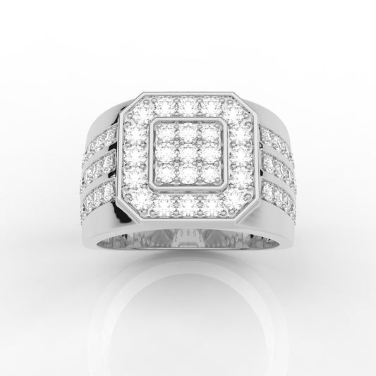 Wide Round Cut Prong Set Mens Diamond Ring with Three Row Shank