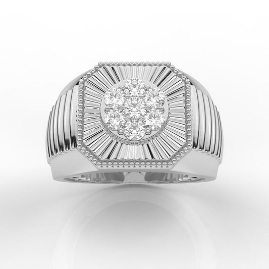 Beautiful Halo Round Cut Prong Set Mens Diamond Ring with Milgrain Detailing