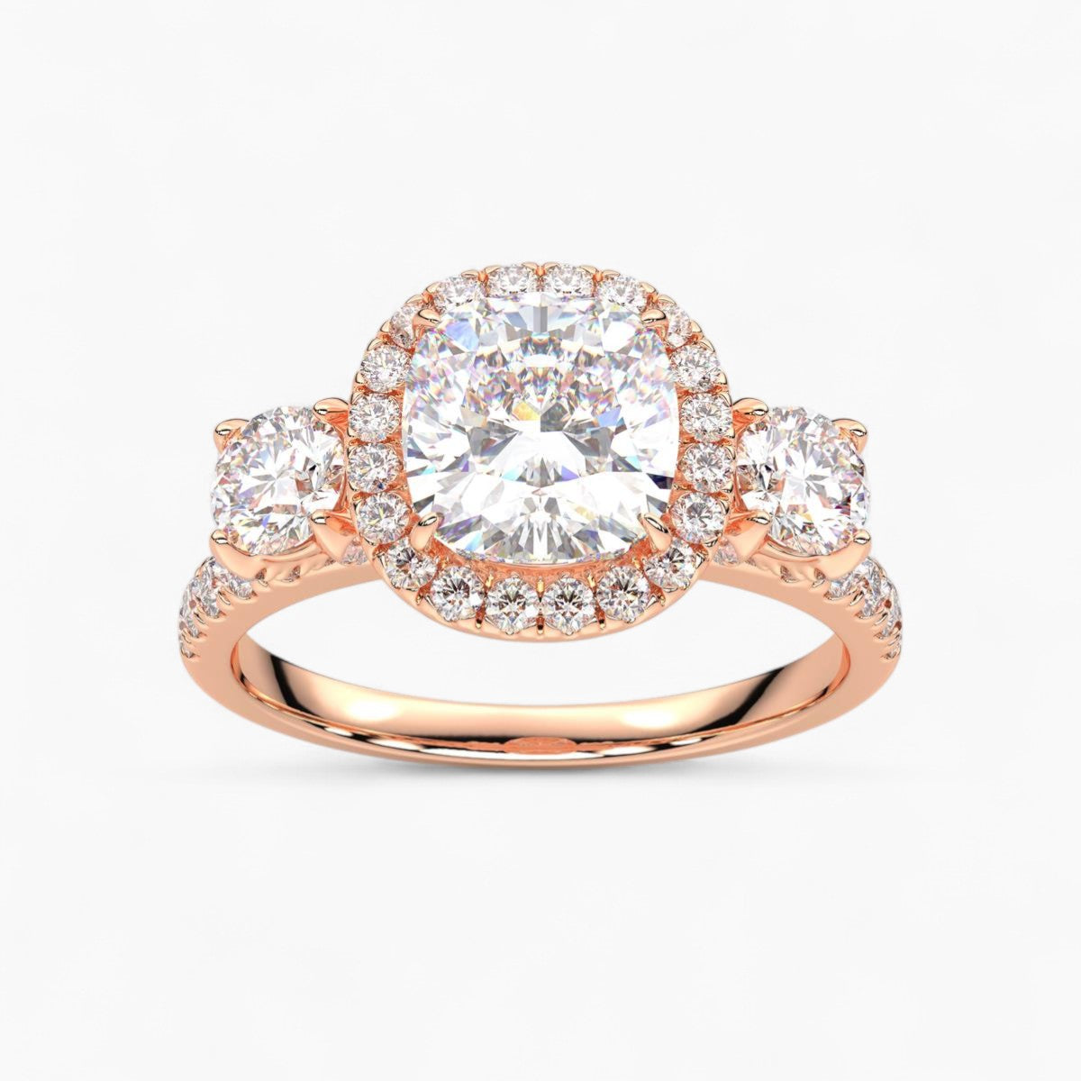 Cushion Cut Halo style Three Stone Diamond Engagement Ring