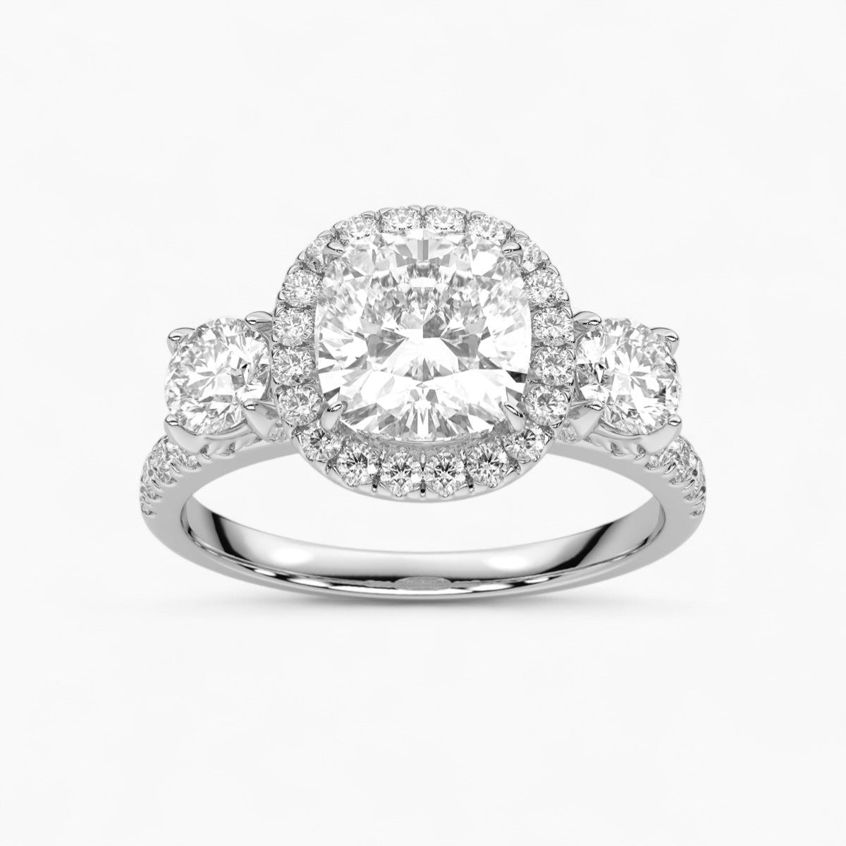 Cushion Cut Halo style Three Stone Diamond Engagement Ring