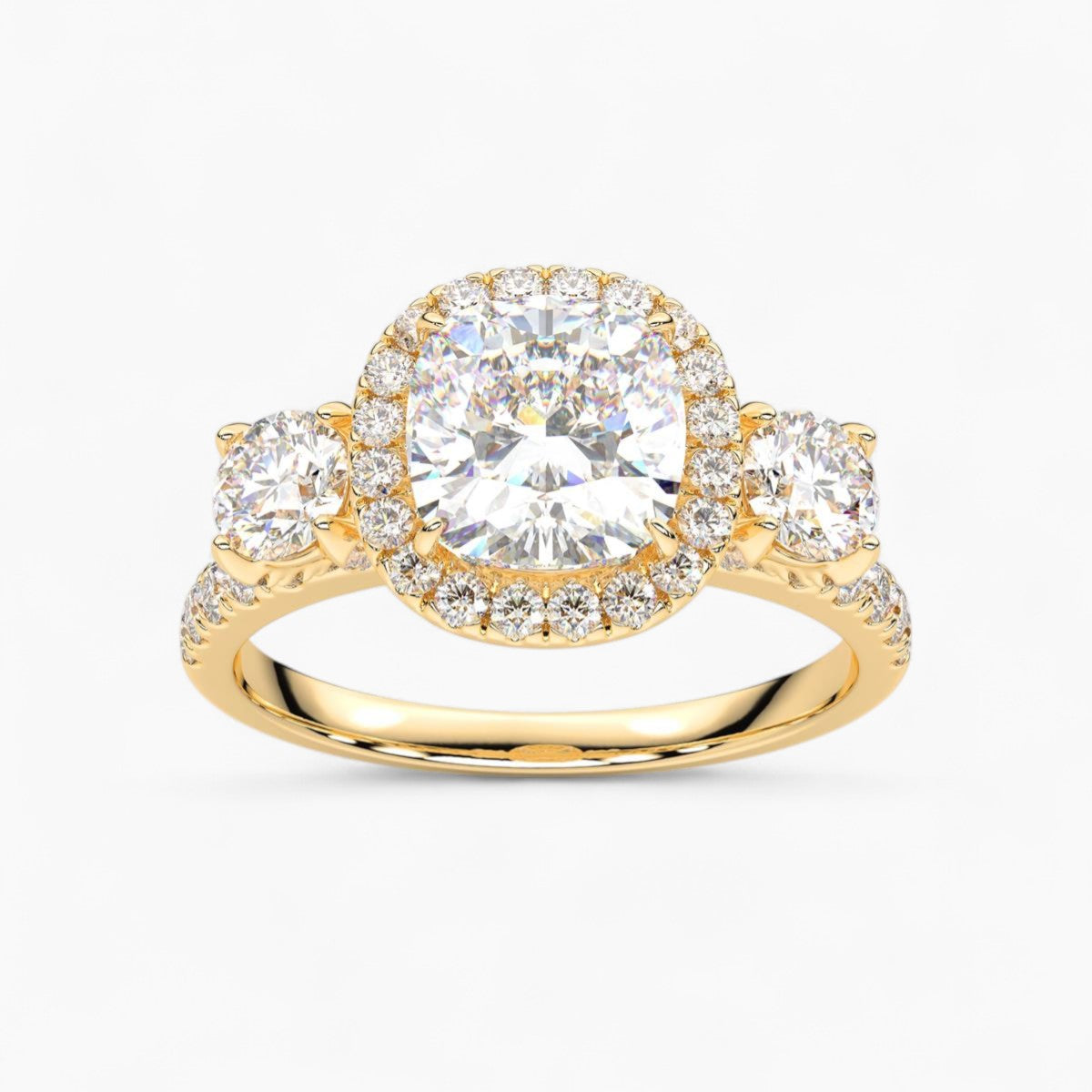 Cushion Cut Halo style Three Stone Diamond Engagement Ring