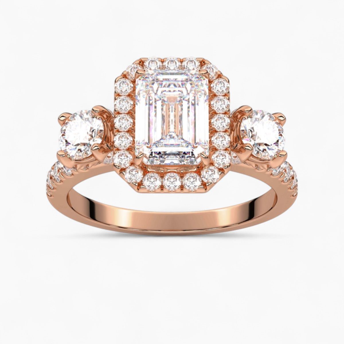 Cushion Cut Halo style Three Stone Diamond Engagement Ring