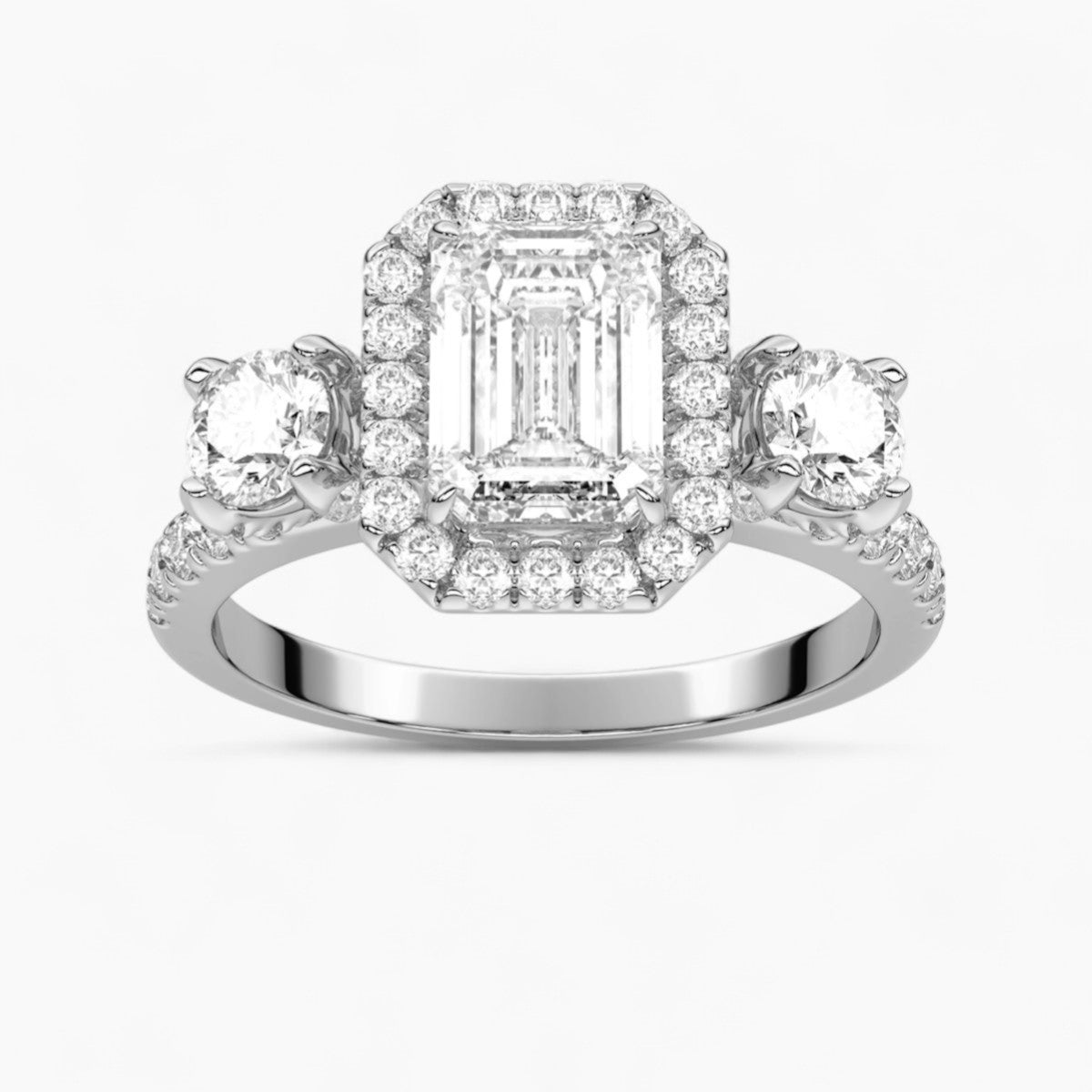 Cushion Cut Halo style Three Stone Diamond Engagement Ring