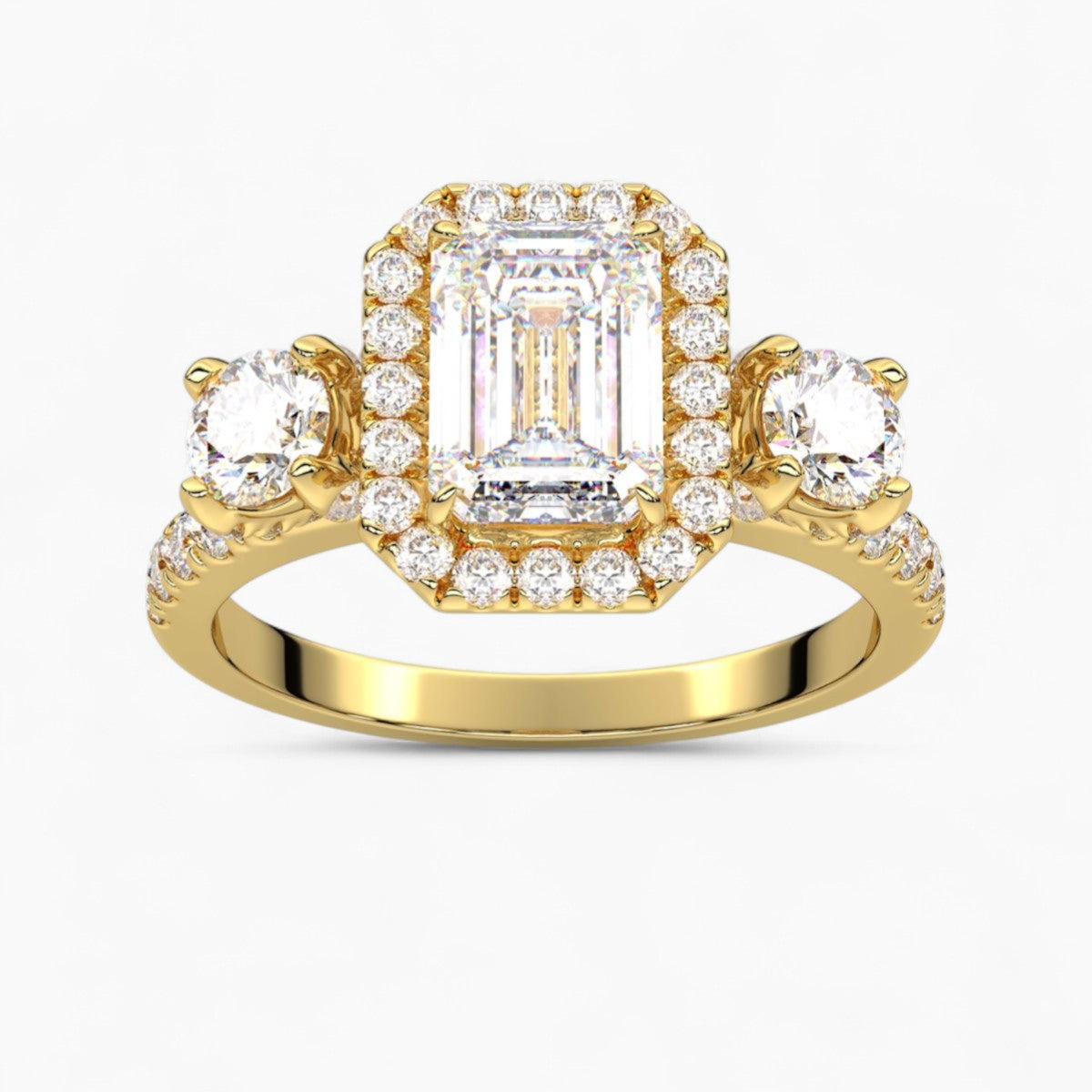 Cushion Cut Halo style Three Stone Diamond Engagement Ring
