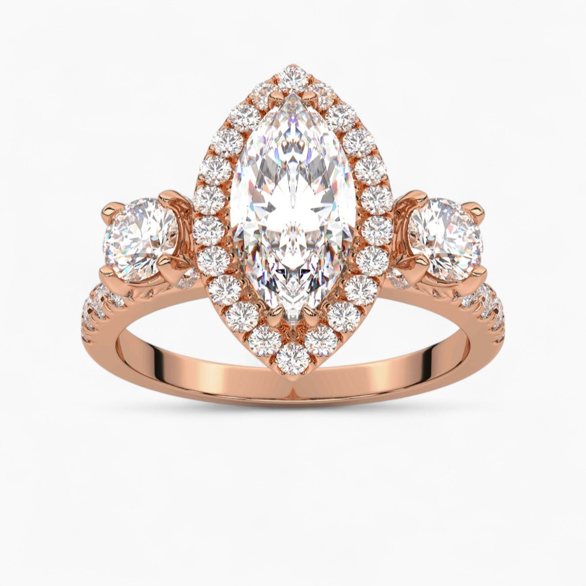 Cushion Cut Halo style Three Stone Diamond Engagement Ring
