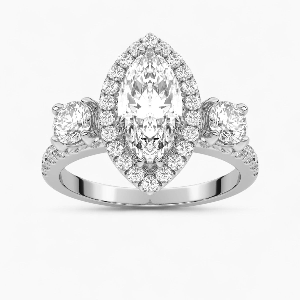 Cushion Cut Halo style Three Stone Diamond Engagement Ring