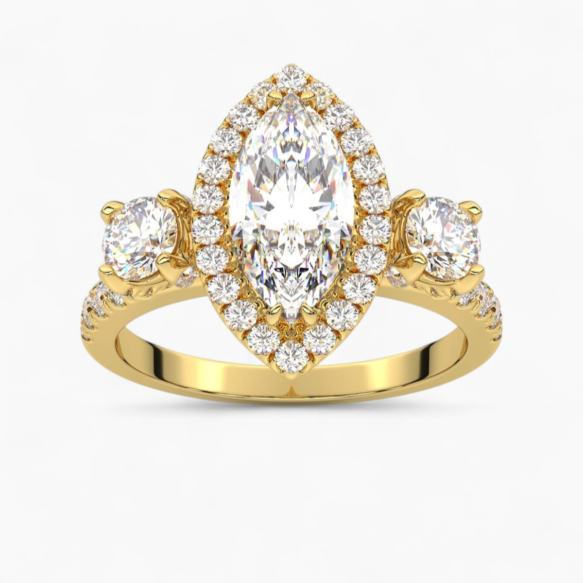 Cushion Cut Halo style Three Stone Diamond Engagement Ring