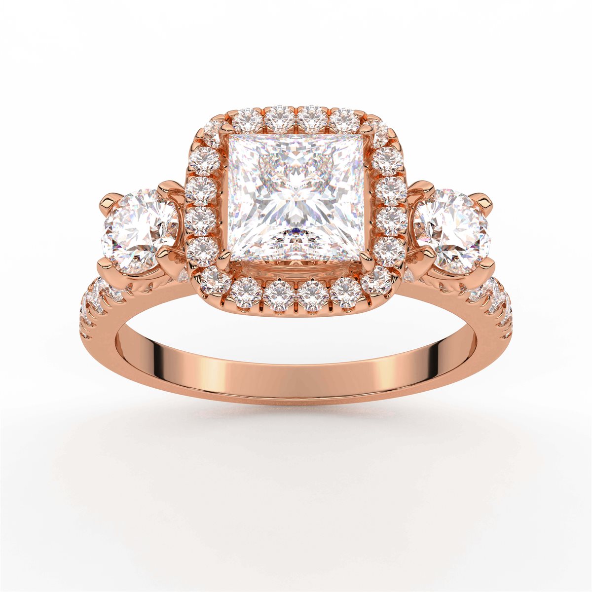 Cushion Cut Halo style Three Stone Diamond Engagement Ring