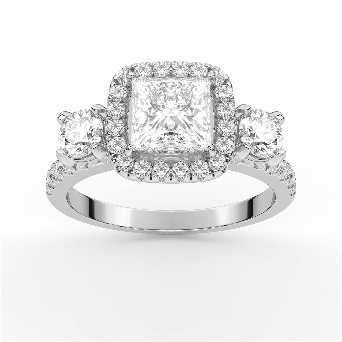 Cushion Cut Halo style Three Stone Diamond Engagement Ring