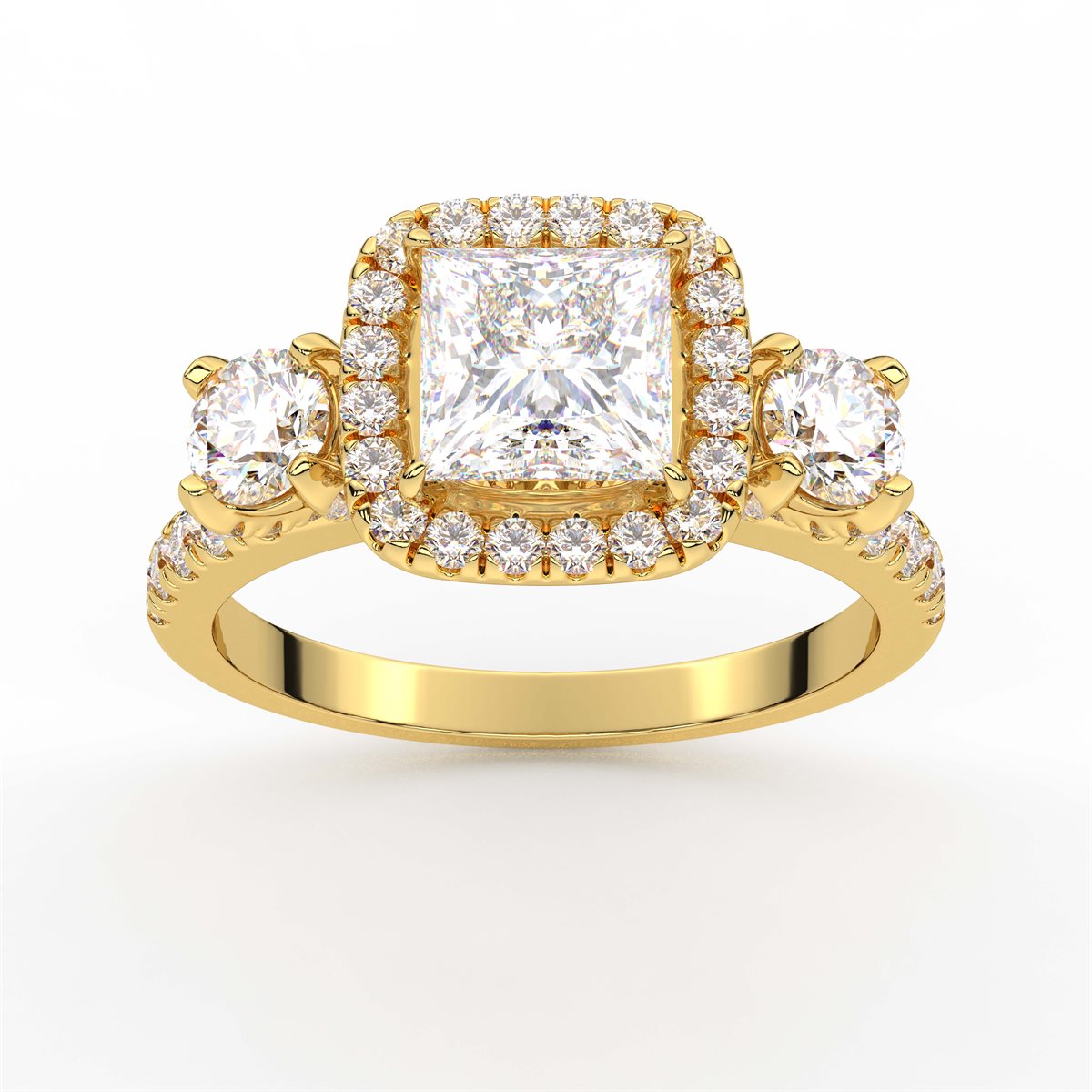 Cushion Cut Halo style Three Stone Diamond Engagement Ring