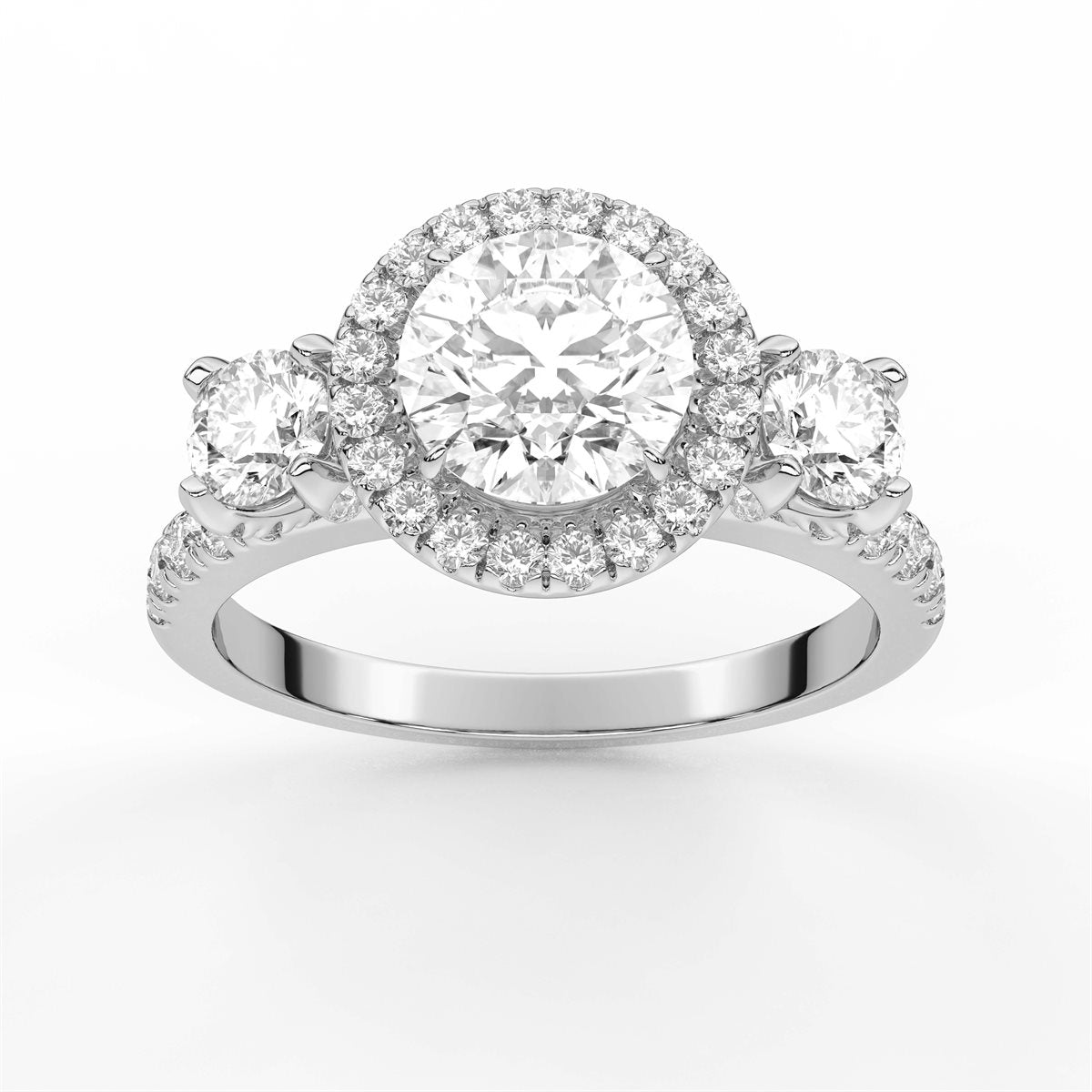 Cushion Cut Halo style Three Stone Diamond Engagement Ring
