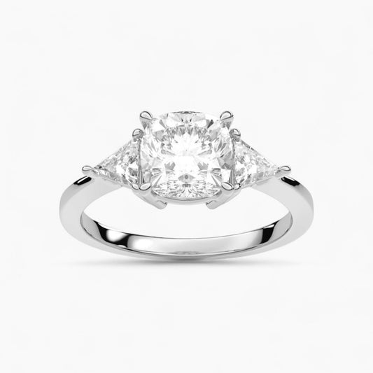 Cushion Cut Three Stone with side Tringle Diamond Engagement Ring