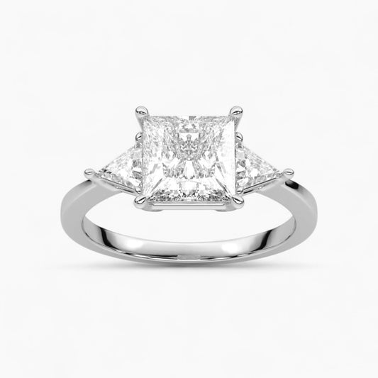 Princess Cut Three Stone with side Tringle Diamond Engagement Ring