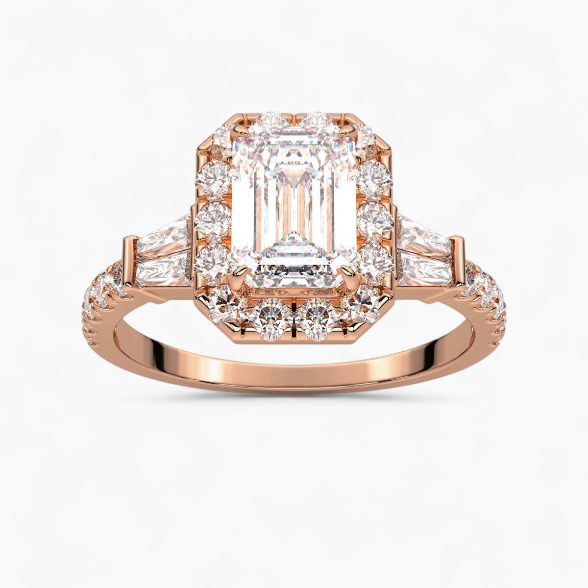 Round Cut with Double baguette side Accents Diamond Engagement Ring