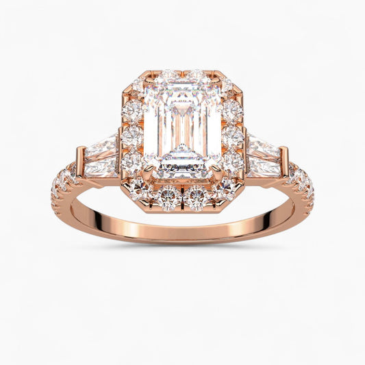 Round Cut with Double baguette side Accents Diamond Engagement Ring