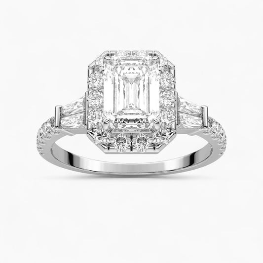 Round Cut with Double baguette side Accents Diamond Engagement Ring
