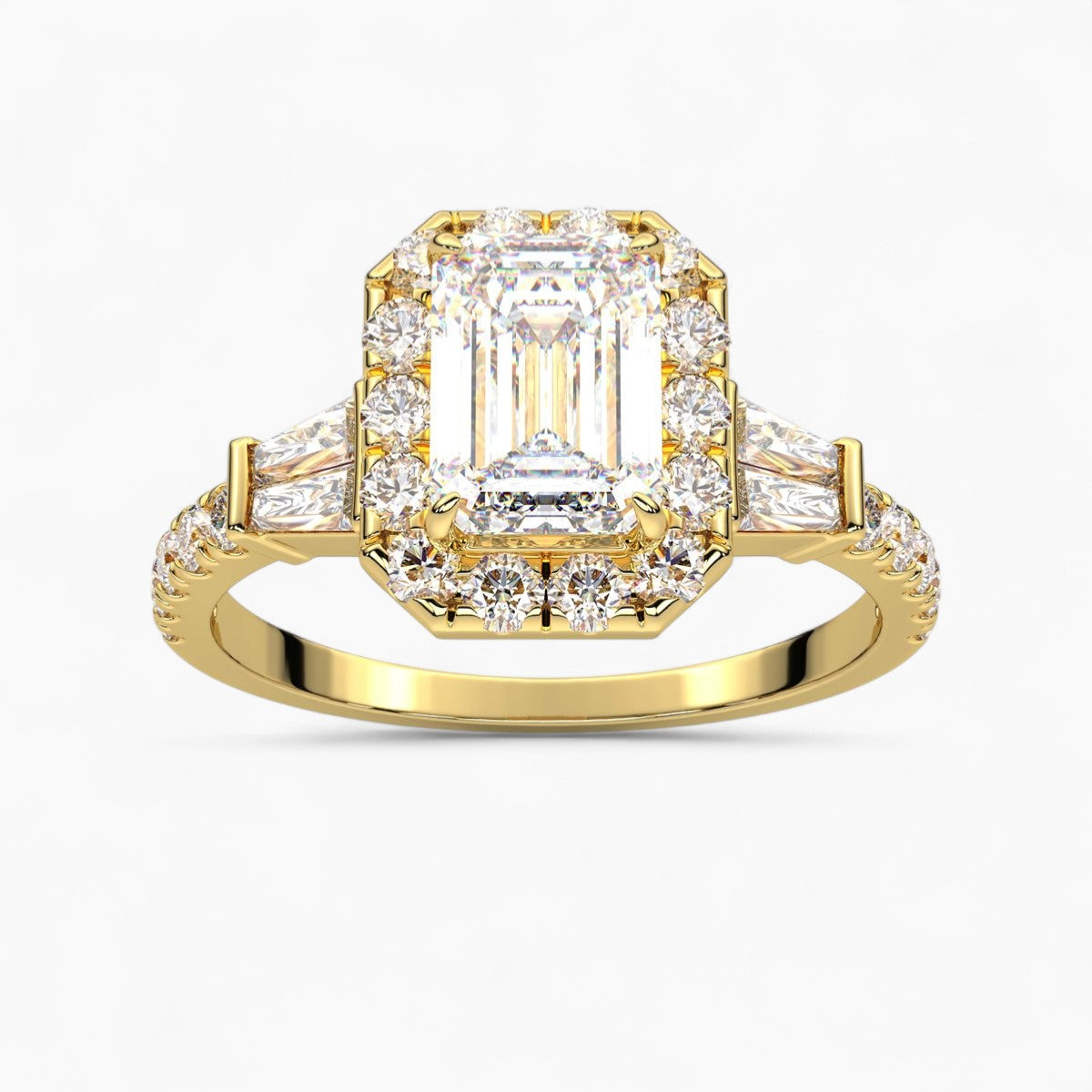 Round Cut with Double baguette side Accents Diamond Engagement Ring