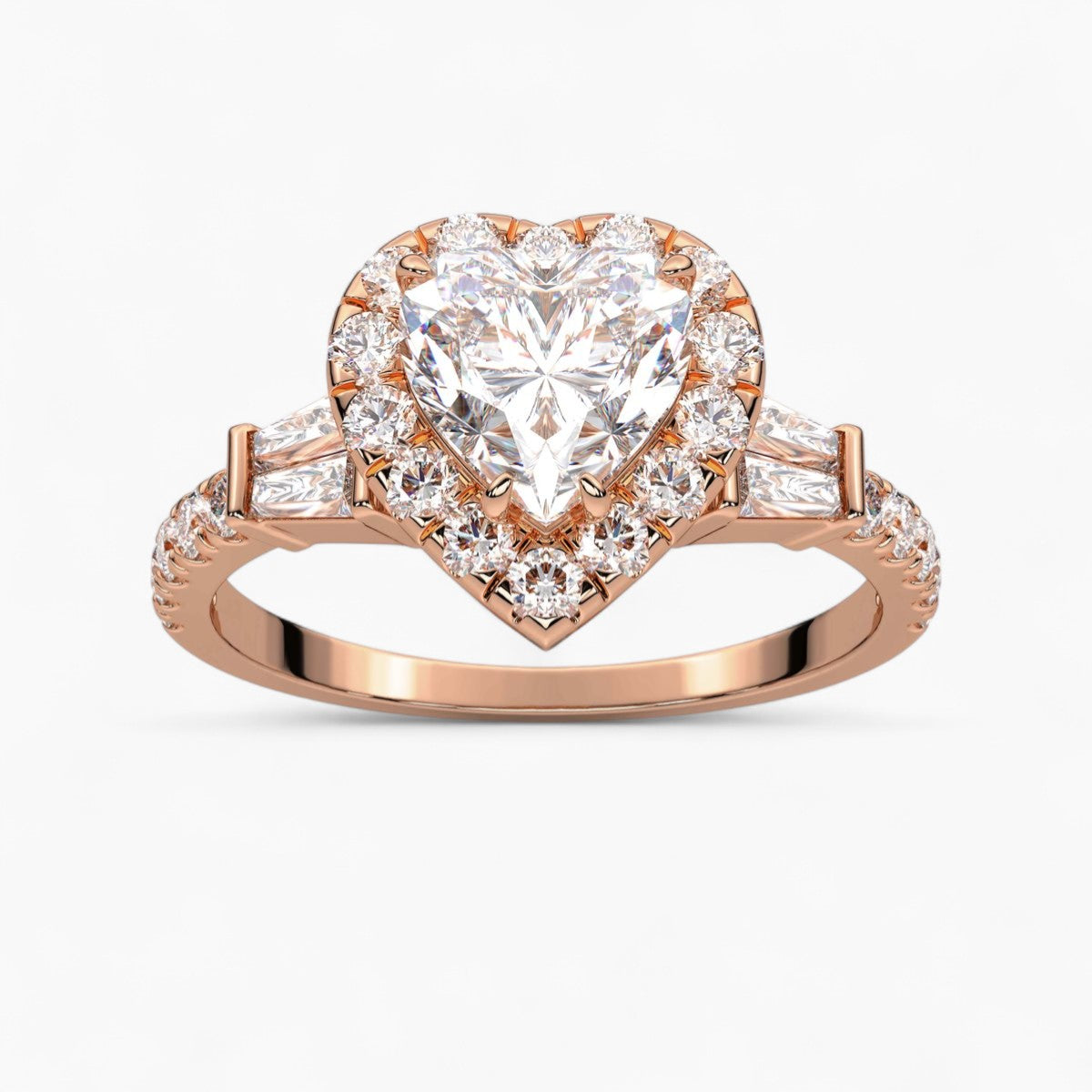 Round Cut with Double baguette side Accents Diamond Engagement Ring