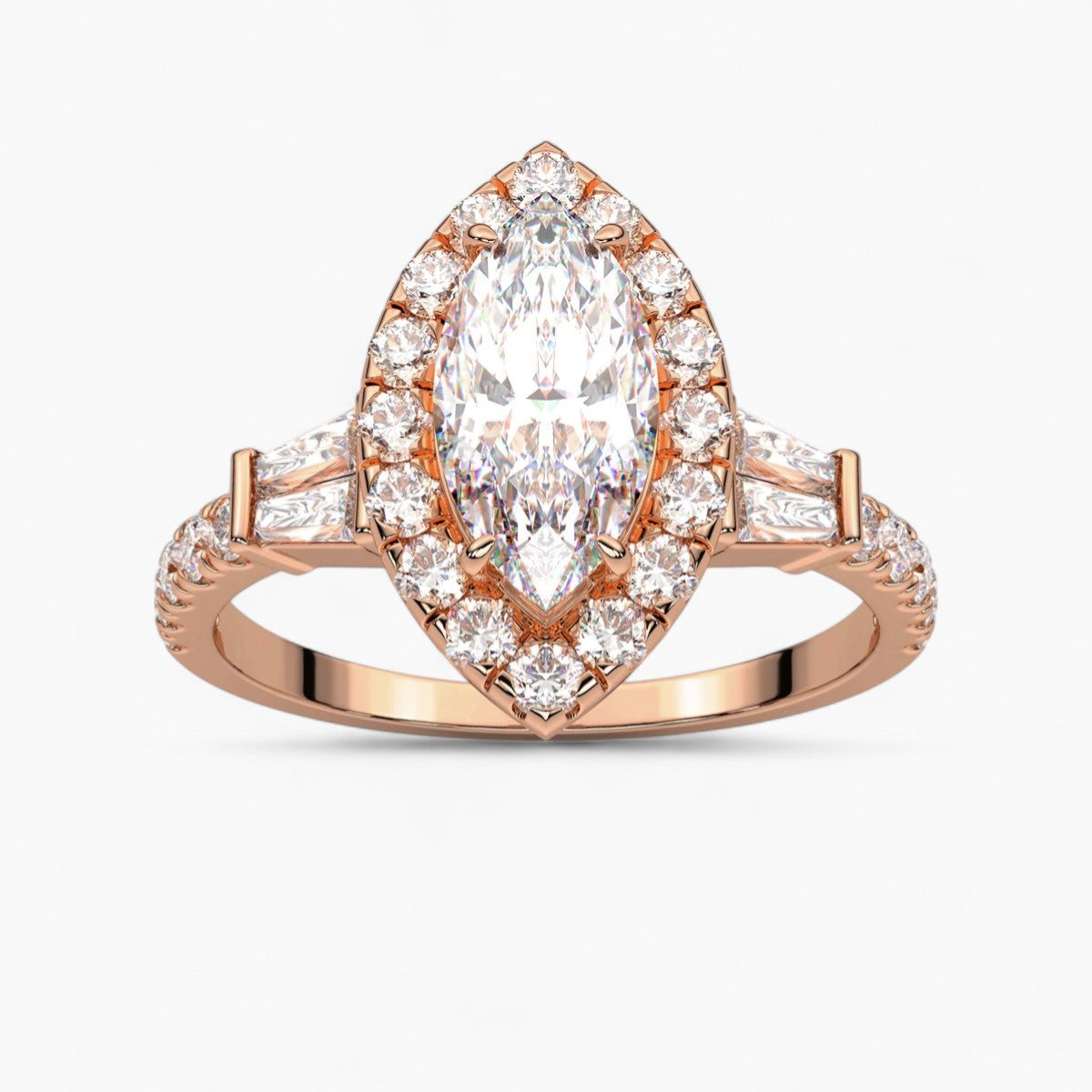 Round Cut with Double baguette side Accents Diamond Engagement Ring