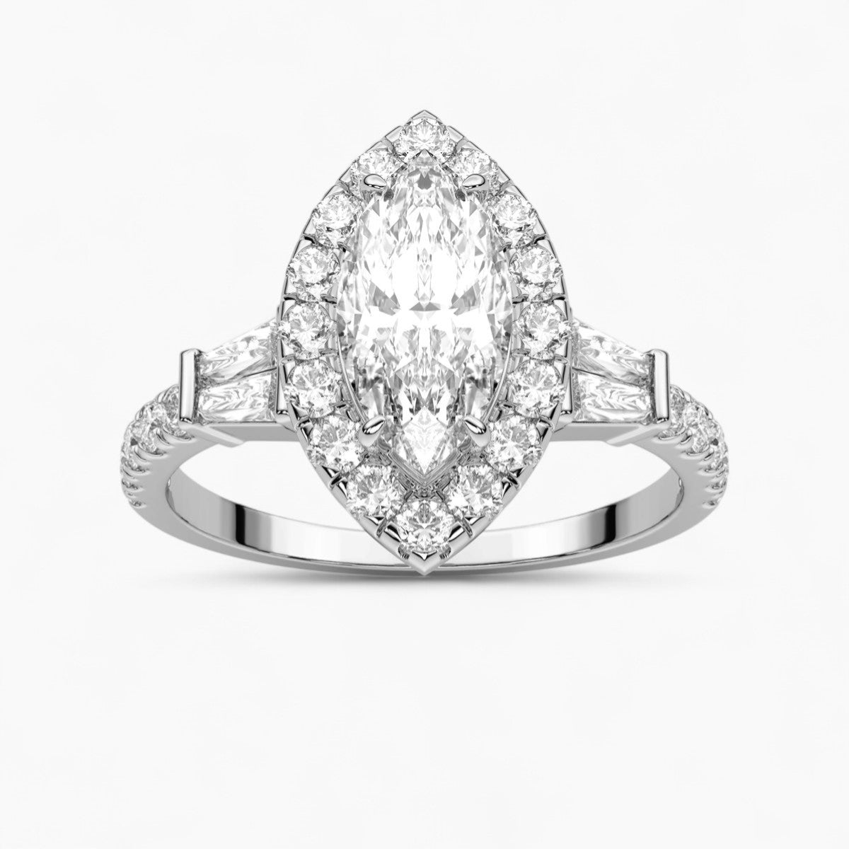 Round Cut with Double baguette side Accents Diamond Engagement Ring