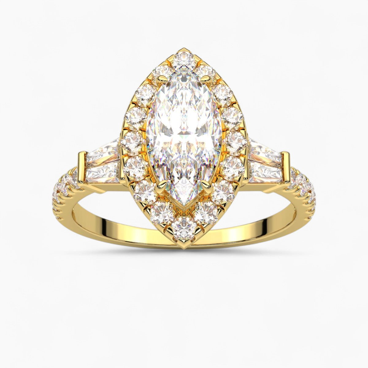 Round Cut with Double baguette side Accents Diamond Engagement Ring