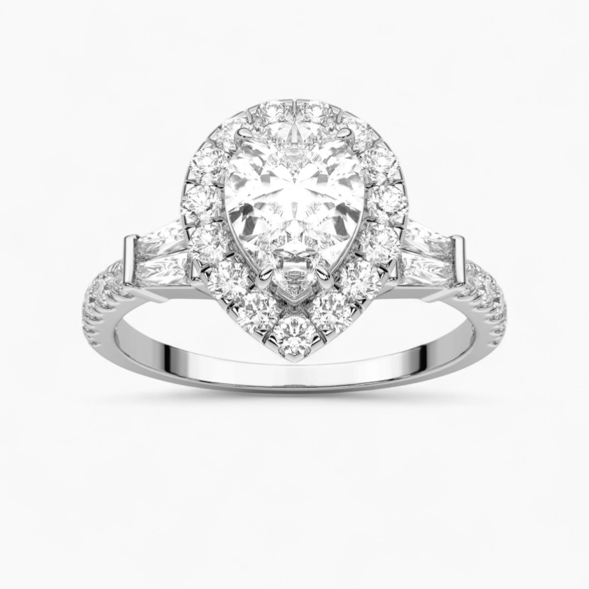 Round Cut with Double baguette side Accents Diamond Engagement Ring