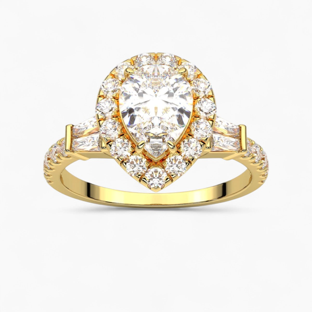 Round Cut with Double baguette side Accents Diamond Engagement Ring