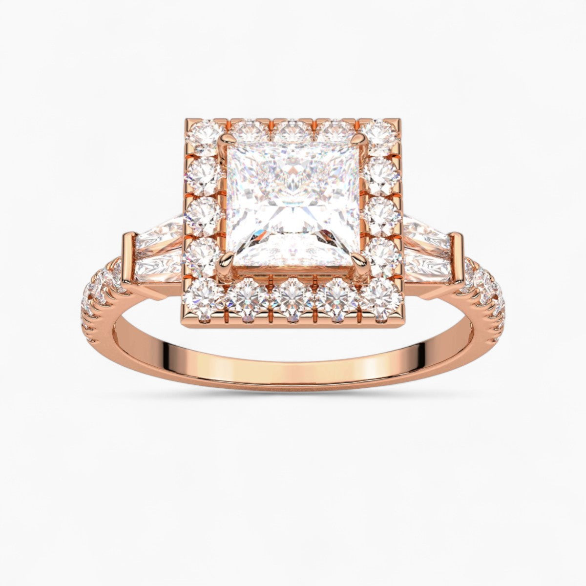 Round Cut with Double baguette side Accents Diamond Engagement Ring