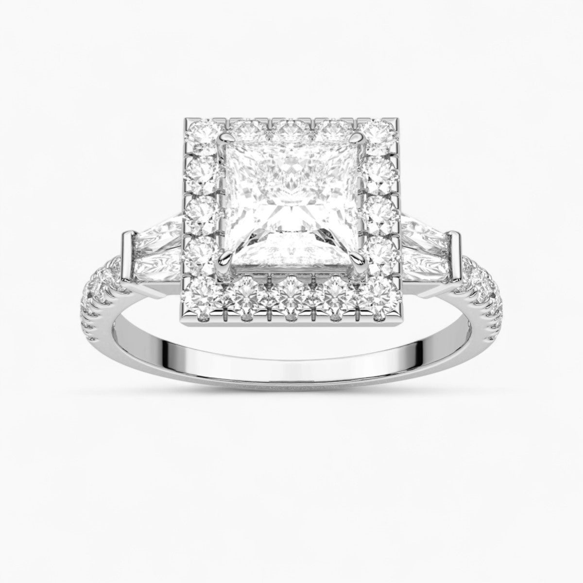 Round Cut with Double baguette side Accents Diamond Engagement Ring