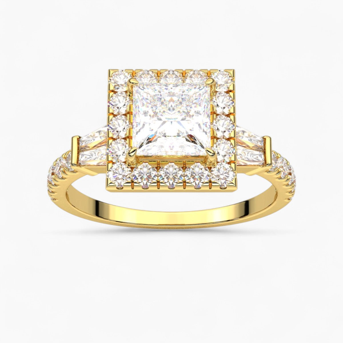 Round Cut with Double baguette side Accents Diamond Engagement Ring
