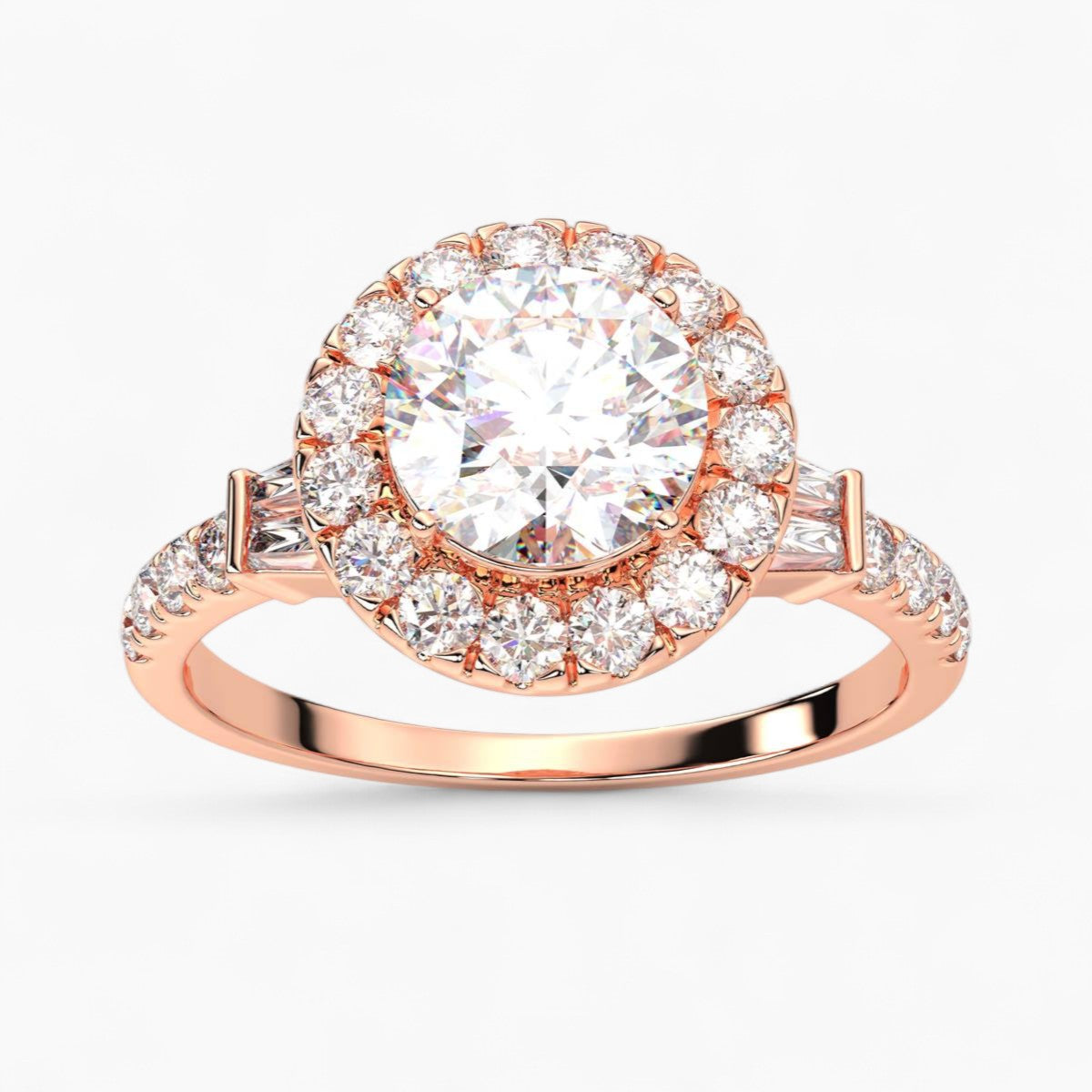Round Cut with Double baguette side Accents Diamond Engagement Ring