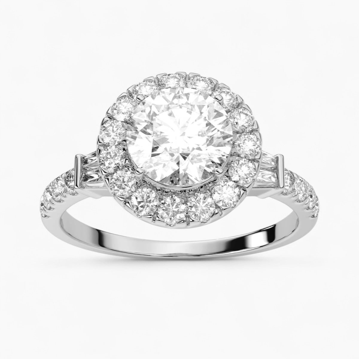 Round Cut with Double baguette side Accents Diamond Engagement Ring
